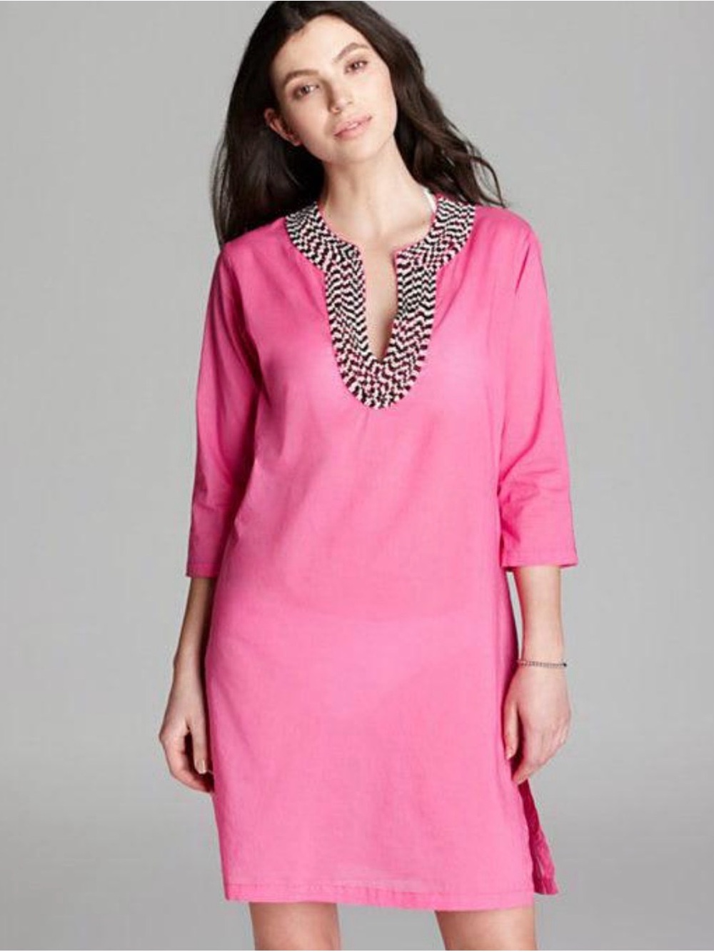 Echo Hot Pink Swim Coverup with Black and White Beaded Trim